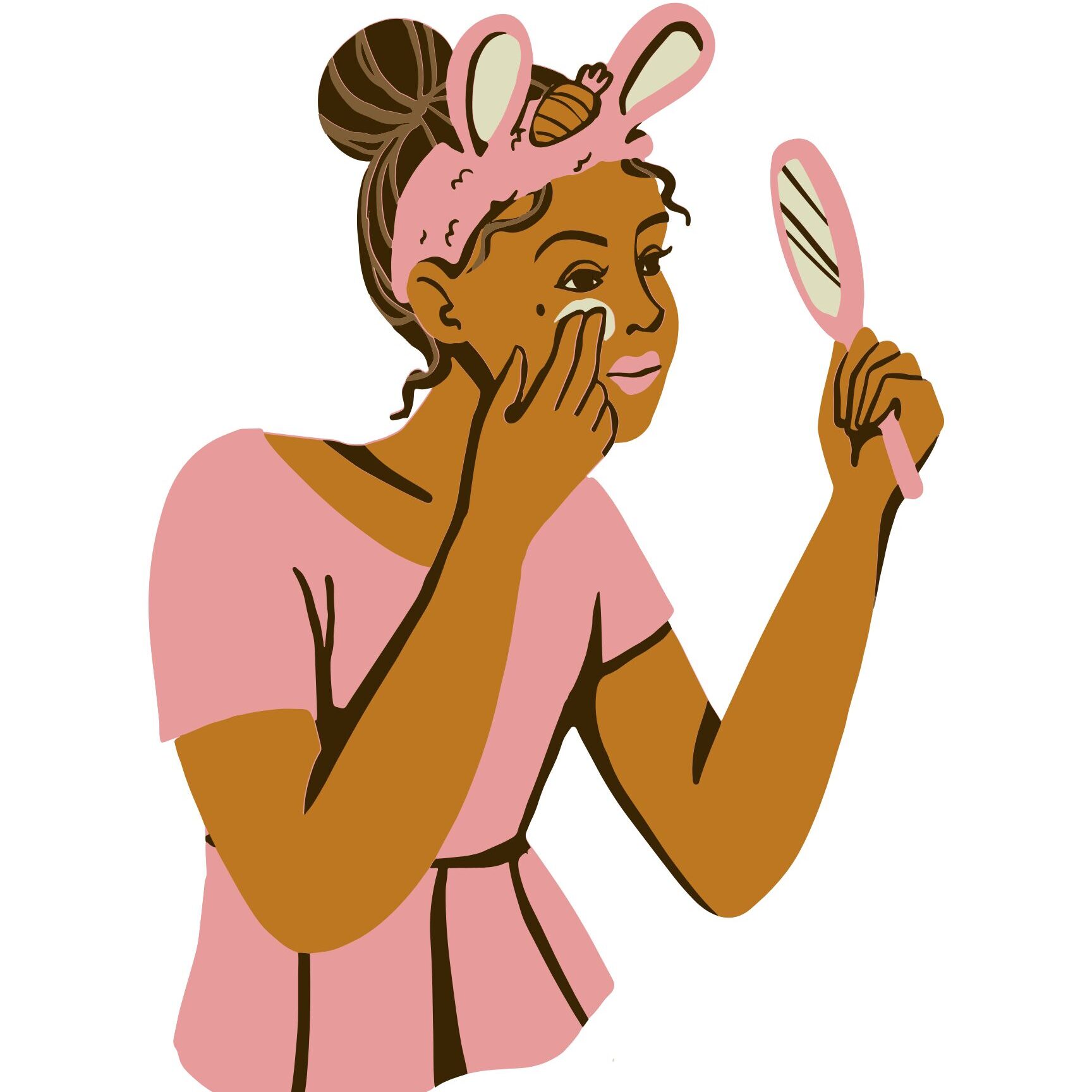 animated woman applying product to her skin while holding a mirror